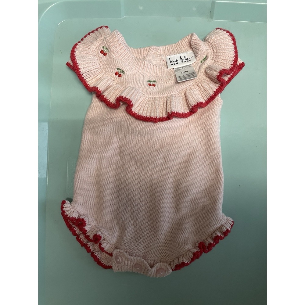 Nicole Miller Baby Girl Embroidered Knit Sweater Body Suit 3/6 Months Strawberry